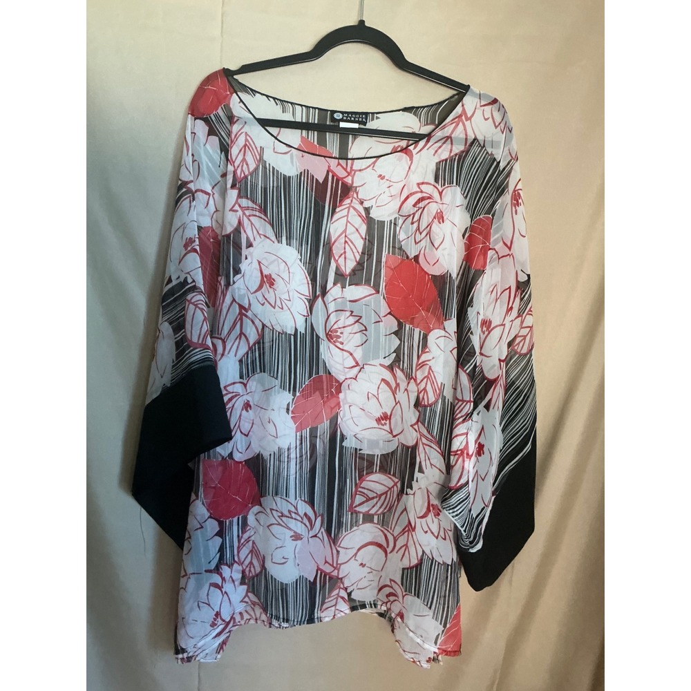 Maggie Barnes Tunic Top Women 3X Red White Black Excellent Floral Sheer Kimono